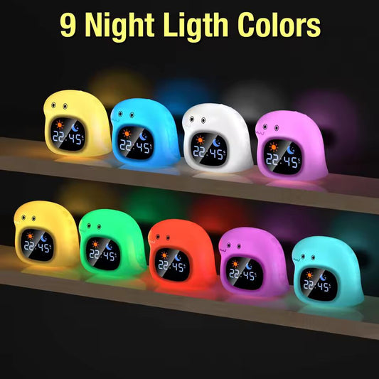Smart Rechargeable Cartoon Alarm Clock Breath Light Patt Lamp Multi Color Night Light for Children Room Christmas Valentine Gift